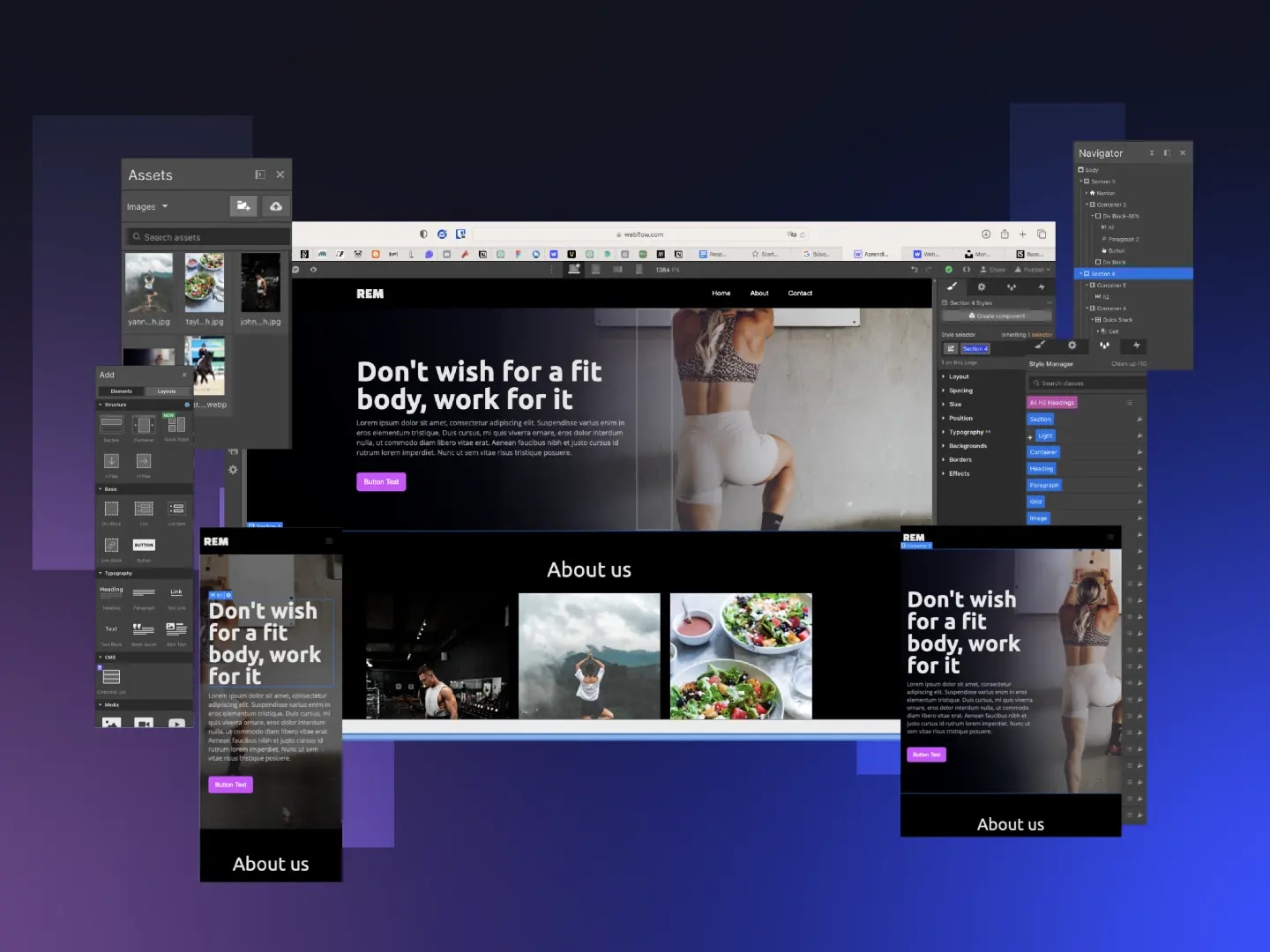 Webflow visual editor interface showcasing website design